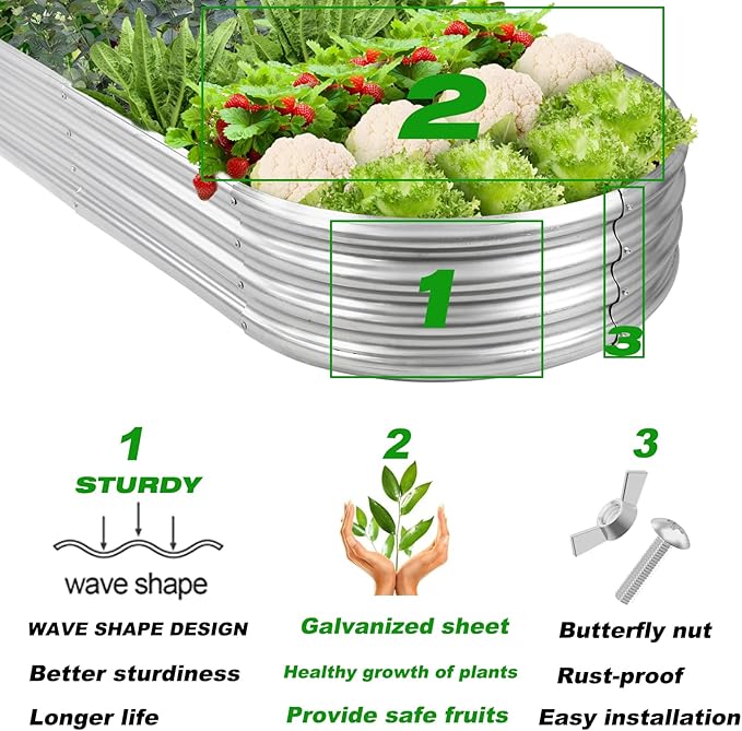 Rakukiri Raised Garden Bed GRS Certified Galvanized Planter Box Outdoor, 5ft Oval Rot-Resistant Metal Garden Bed Planter, Recycled Material Planter for Vegetables Flowers Herbs (Silver)
