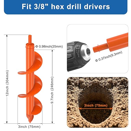 3 X 12 Inch Auger Drill Bit for Planting Bulb Spiral Hole Drill Augers for Digging Holes Drills Post Holes Auger for Fence Post and Umbrella Holes - Fit 3/8" Hex Drills