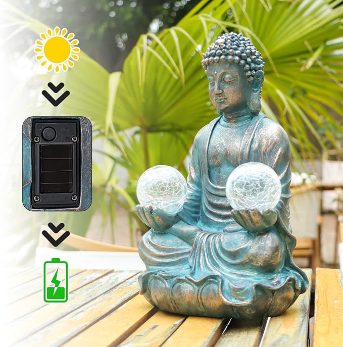 Afirst 10.5'' Meditating Buddha Garden Statues Solar Buddha Sculpture Decor with Glass Balls Zen Meditation for Home Garden Yard Patio Indoor Outdoor Ornaments Gifts for Mom