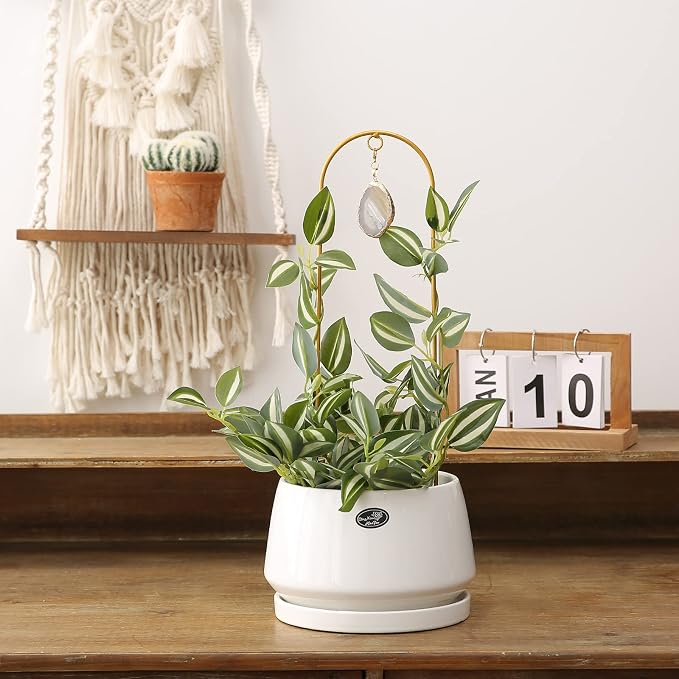 2PCS Small Plant Gold Trellis Indoor, Mini Metal Houseplant Decor Support for Potted Ivy Vine, Boho Garden Decorative Pot Climber with Agate for Climbing Hoya Pothos Philodendron Gift