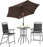 Outsunny 4 Piece Outdoor Patio Dining Furniture Set, 2 Folding Chairs, Adjustable Angle Umbrella, Wave Textured Tempered Glass Dinner Table, Black