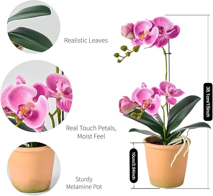 Avoeco Artificial Real Touch Orchid Plant – 15" Faux Phalaenopsis in Pot – Highly Realistic Silk Orchid Flower & Leaf Texture for Home, Office,Shop & Wedding Décor (Fuchsia, 15“)