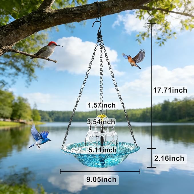 Yeomi Solar Fountain for Bird Bath, Solar Cascade Hanging Bird Bath Fountain, Large Hummingbird Bath with Solar Pump & Clear Blue Bowl, Outdoor Garden Decor