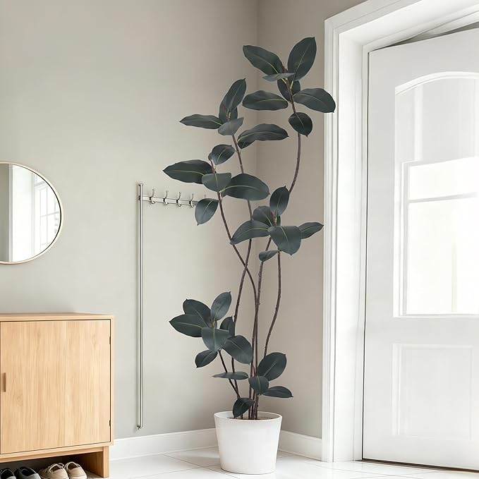 Artificial Rubber Tree 7FT(84in) Tall Faux Trees with Realistic Leaves, Fake Rubber Floor Potted Artificial Plants for Home Office Living Room Indoor Outdoor Decor (7feet,1Pack)