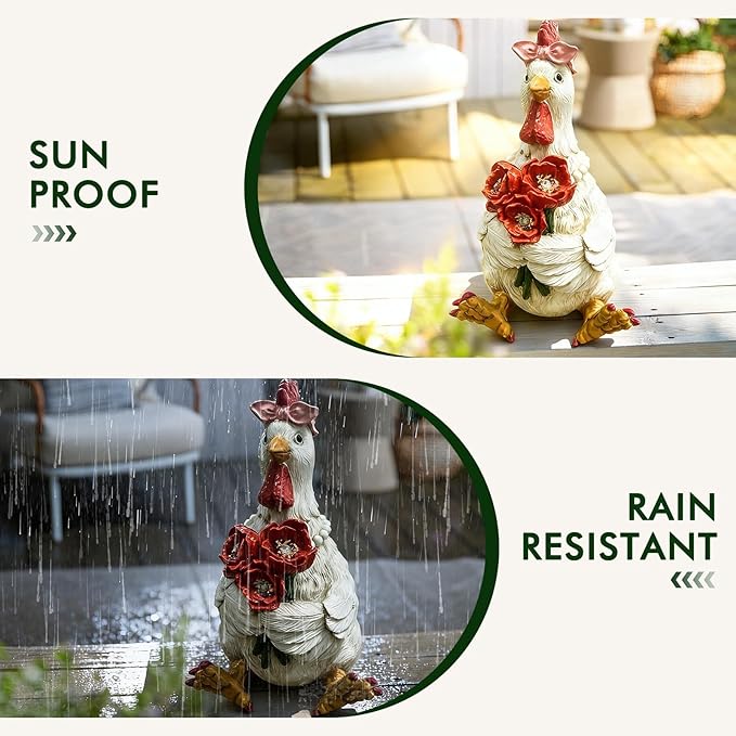 Solar Chicken Garden Decor with LED Light (5" W x 5.5" L x 8.5" H) – Cute Outdoor Hen Statue for Yard Patio Lawn, Chicken Outdoor Decor, Solar Yard Decoration, Housewarming Gifts