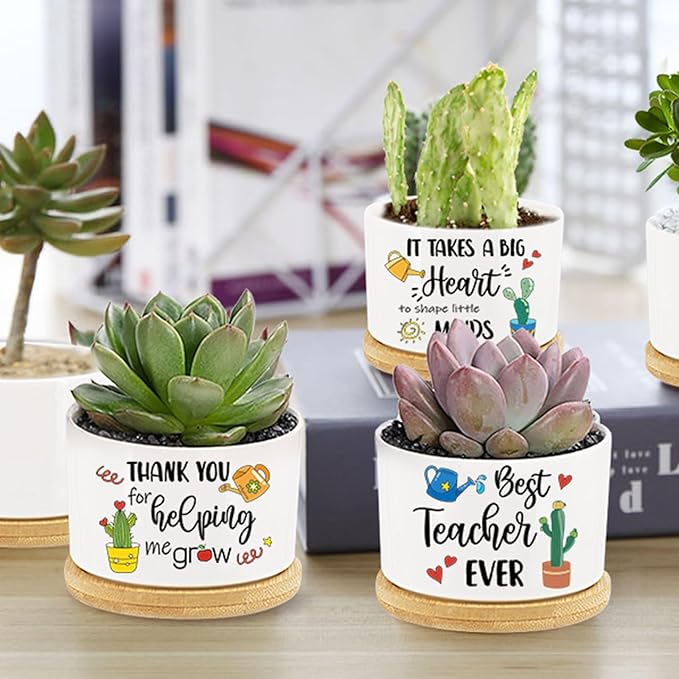 3Pcs Teacher Appreciation Gift Succulent Pots Mini Ceramic Plant Pot with Bamboo Tray Pots Planters for Best Teacher Thank You for Helping Me Grow for Graduation Birthday Plants Not Included