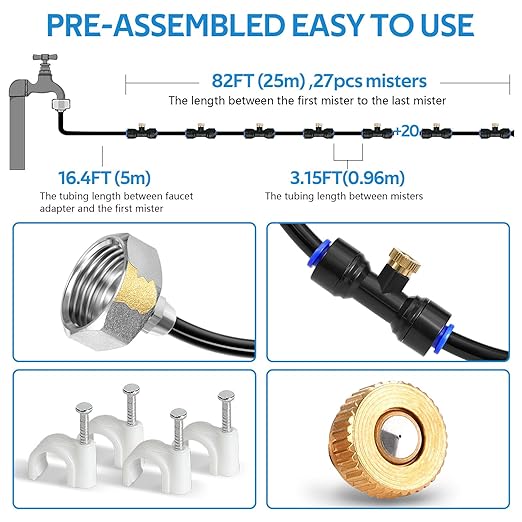 HOMENOTE Misting Cooling System, 98FT(30M) Pre-Assembled Kit with 27 Brass Nozzles & 3/4" Brass Adapter, Cooling Mister for Patio, Backyard, Pets, Garden & Greenhouse