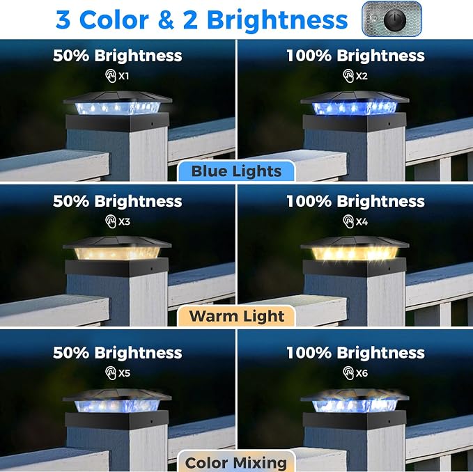 Peasur 4 Packs 4x4 Solar Post Lights Outdoor, Blue & Warm White LED Fence Caps Light Waterproof, Wood & Vinyl Post Top Lighting for Deck Mailbox Railing Porch Outside