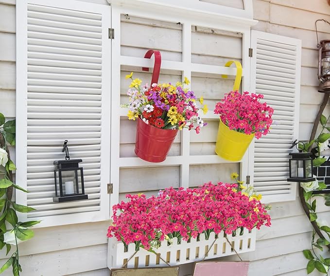 Bassion 24 Bundles Artificial Flowers for Outdoors Decoration, UV Resistant Fuchsia Silk Fake Faux Flowers Artificial Plants for Outside Window Box Porch Garden Home Decor