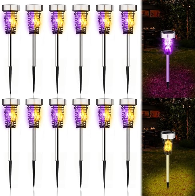 Qualirey 4 Pack Solar Bug Zapper Outdoor Waterproof Mosquito Repellent Killer Bug Zapper Lamp with LED Light for Outdoor Garden Patio Yard (Purple and Flame Light,Silver)