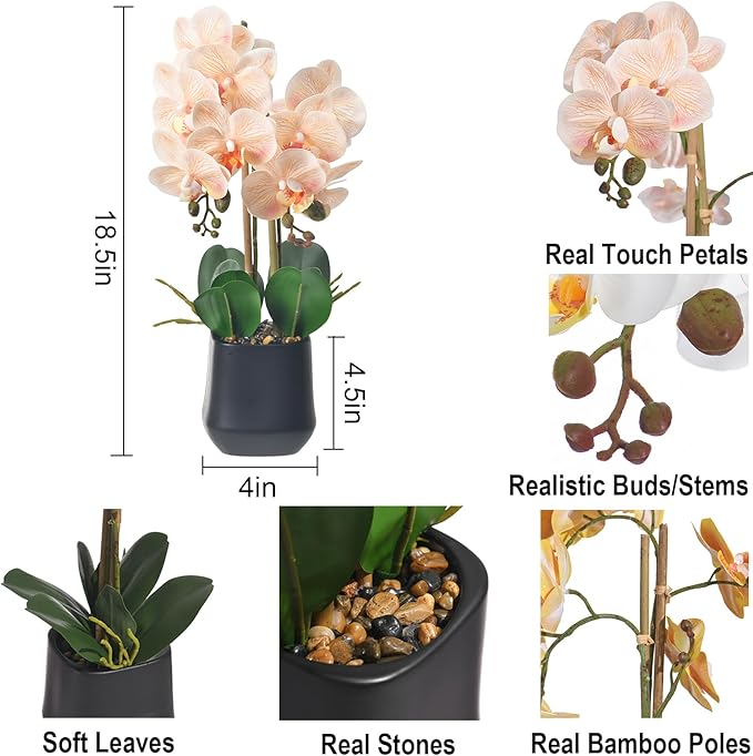 Orchids Artificial Plant in Ceramic Pot 18.5" Faux Orchid Phalaenopsis Flowers Arrangement for Home Office Table Centerpiece Indoor Decor, Champagne