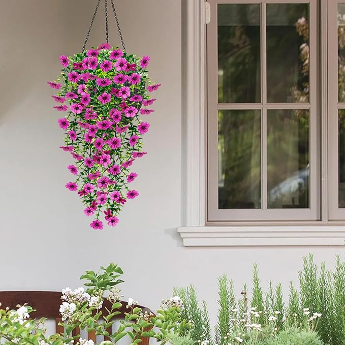 4 Pcs Fake Outdoor Artificial Flowers For Outdoors Uv Resistant, Plastic Flowers For Outdoors, Fake Hanging Plants Faux Flowers For Outdoor Planters, Silk Spring Flowers For Outside Porch（Purple ）