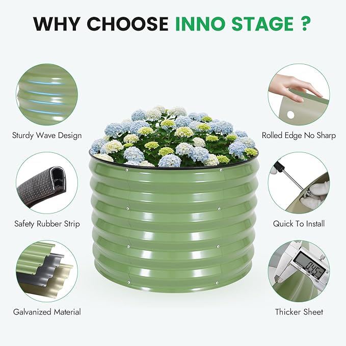 INNO STAGE 3 Pcs Round Galvanized Raised Garden Bed — 2×2×1.4ft Planter Box Outdoor Raised Beds Kit for Gardening Vegetables, Fruits, Herbs, and Flowers, Olive Green