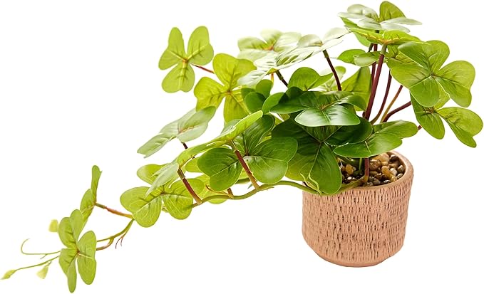 Hanging Clover Leaf Faux Plant 9'' Cascading Artificial Greenery in Rustic Diamond Textured Pot Lifelike Indoor Fake Plant for Farmhouse Kitchen, Entryway, or Bookshelf