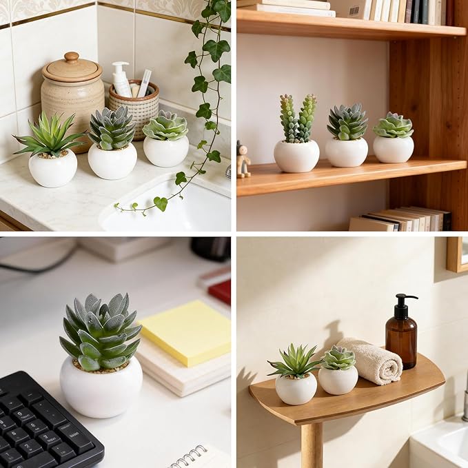GREENTIME 6 Pcs Mini Artificial Succulents Plants in Ceramic Pots Small Fake Succulent Faux Plant Indoor Decor Bedroom Desk Bathroom Office Living Room Table Shelf Home Decoration Green White