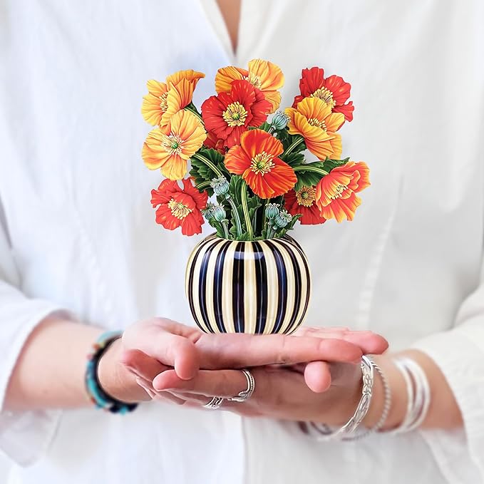Freshcut Paper Pop Up Cards, Mini French Poppies, 6 Inch Mini Sized Forever Flower Bouquet 3D Popup Greeting Cards, Birthday Cards, Thank You Card, Blank Notecard & Envelope