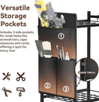 Garden Tool Organizer with Wheels, Rolling Yard Tool Tower Rack Carts for Garage Organization with Large Tool Bags with Pockets, Up to 25 Long-Handled Tools/Rakes/Brooms for Shed, Outdoor, Black