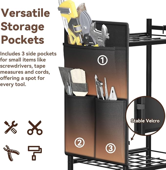 Garden Tool Organizer with Wheels, Rolling Yard Tool Tower Rack Carts for Garage Organization with Large Tool Bags with Pockets, Up to 25 Long-Handled Tools/Rakes/Brooms for Shed, Outdoor, Black