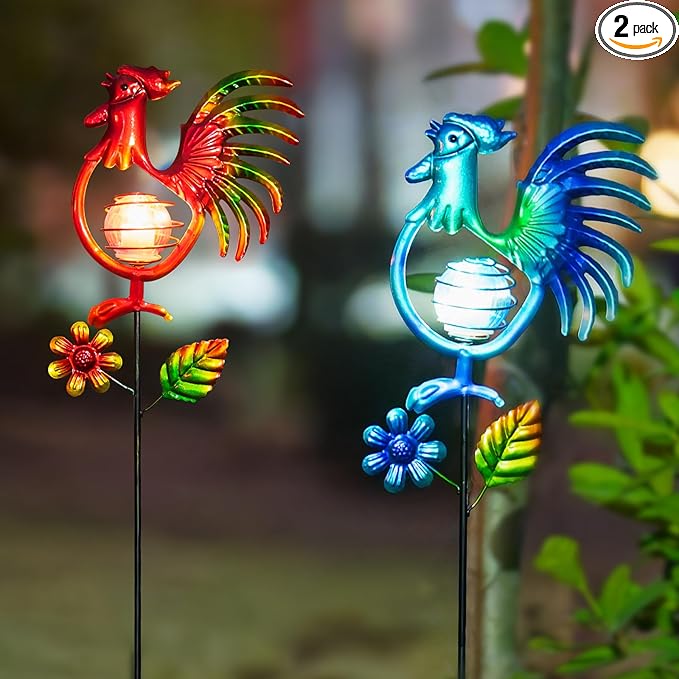 Rooster Solar Garden Lights, 2 Pack Metal Solar Stake Light, 27" H Outdoor Chicken Statues Figurine Lights for Spring Garden Lawn Patio Yard Decoration
