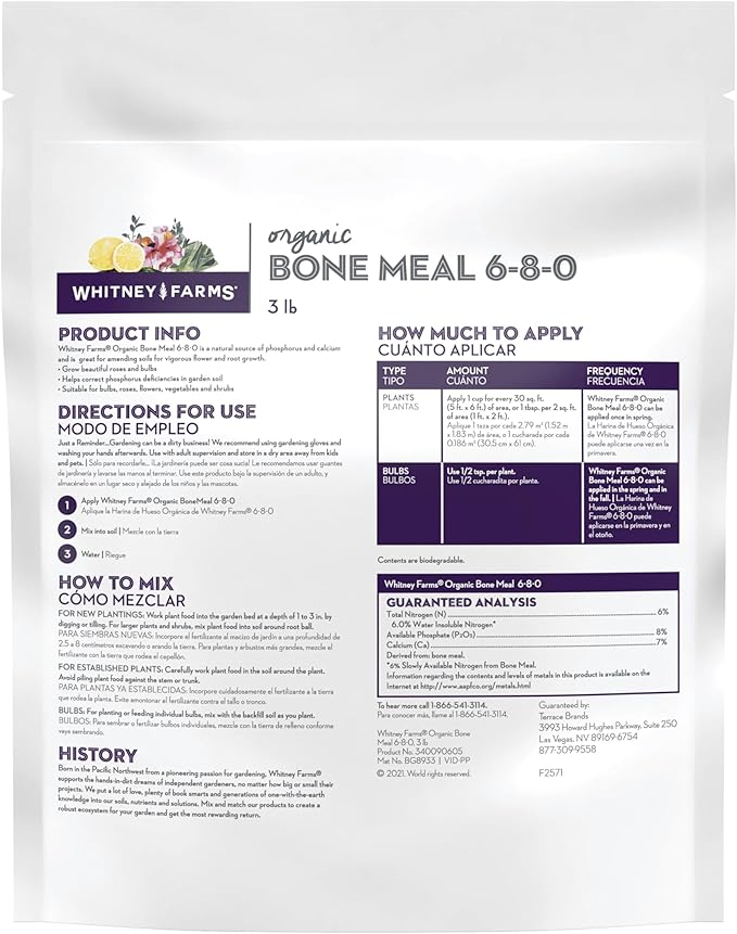 Whitney Farms Organic Bone Meal 6-8-0 - Phosphorus Plant Fertilizer for Root Growth in Bulbs, Roses, Flowers, Vegetables, and Shrubs, 3 lb.