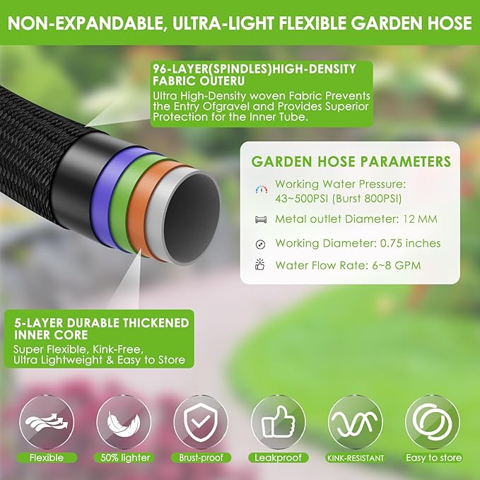 Non-Expanding Garden Hose 150 ft, Lightweight Hose & Flexible Water Hose With 10-Pattern Spray Nozzle, Kink-Free Design, Durable Leakproof Yard Outdoor Hose, Portable Storage Strap, 150 Feet