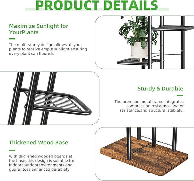 Simple Trending Plant Stand Indoor Outdoor, 6 Tier Plant Shelf, Tall Corner Flower Pot Holder, Metal Display Rack for Patio Balcony Living Room,Brown