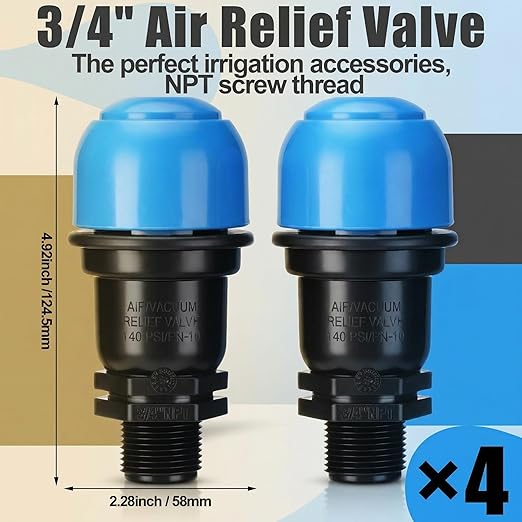 Threlaco 4 Pack Air Release Valve Air and Vacuum Relief Male Thread Bleeder Valve Vent Irrigation Water Saving System for Agricultural Drip Systems (3/4 Inches)