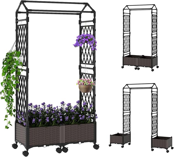 Giantex Planter Boxes with Arch Trellis, 5FT Self-Watering Tall Raised Garden Bed w/Wheels, Hanging Roof & Drainage Holes, Outdoor Indoor Tomato Planter for Climbing Vines Vegetables (61"x16"x64")