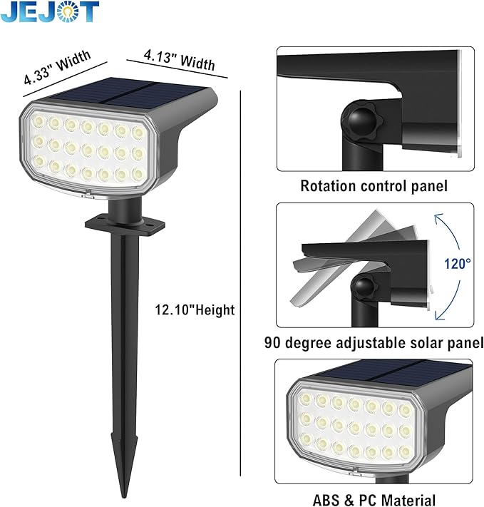 Solar Lights Outdoor Waterproof IP65, Super Bright LED with Lens, 3000K 2 Lighting Modes, Solar Powered Yard Garden Solar Spot Lights for Outside Landscape Auto On/Off -4 Pack