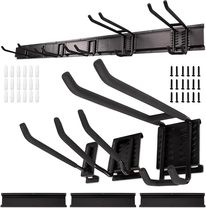NINE FORTY Garage Tool Organizer Wall Mount - 49.5 Inches, 16" Stud Spacing, 440 LBS. Sturdy Rubber Coated Garden Tool Organizer and Storage Rack with Adjustable Hooks