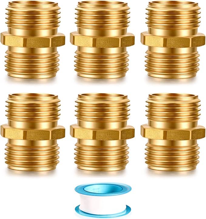 Garden Hose Fittings Connectors Adapter Solid Brass Repair double male to male faucet leader coupler dual water hose connector(3/4" GHT Double Male) (6-PCS)