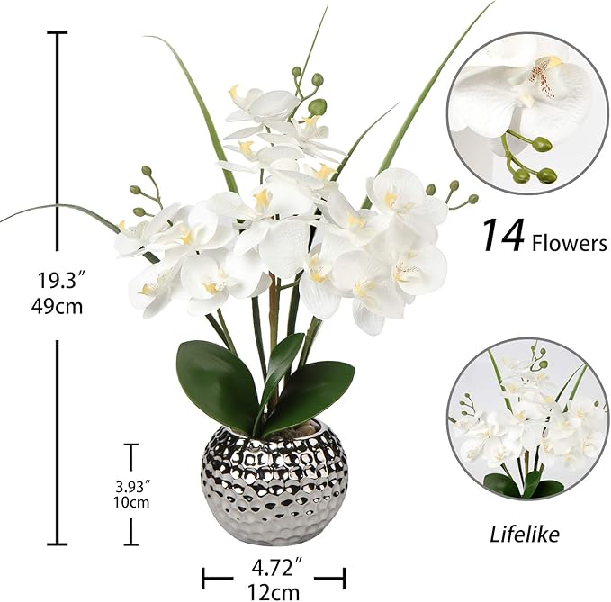 Briful Orchids Artificial Flowers, 20'' White Faux Orchid with Silver Vase Fake Phalaenopsis Flowers for Home Table Living Room Office Kitchen Decor