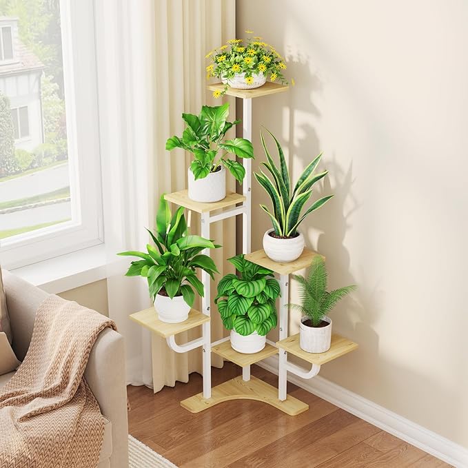 Homsorout Corner Plant Stand with Grow Light - 6 Tier Plant Stand Indoor Square Metal Plant Shelf with Adjustable Light, Plant Organizer for Living Room, Graden, Home Decor (Maple)