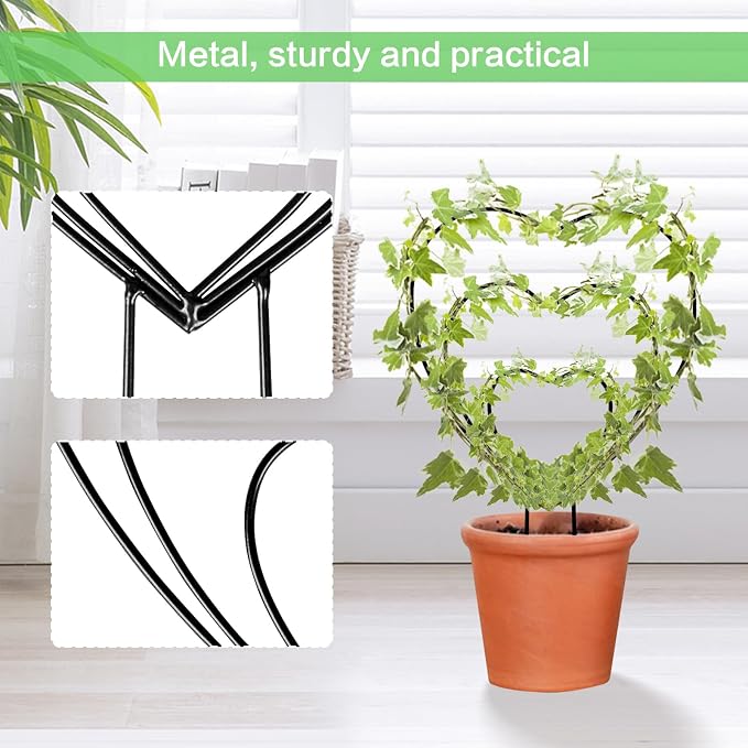 Hoya Trellis 3 Size Indoor Plants Flower Support Stakes Round or Heart Metal Trellis Set Garden Tool Accessories for Small Potted Vine Climbing Houseplants (BlackH)