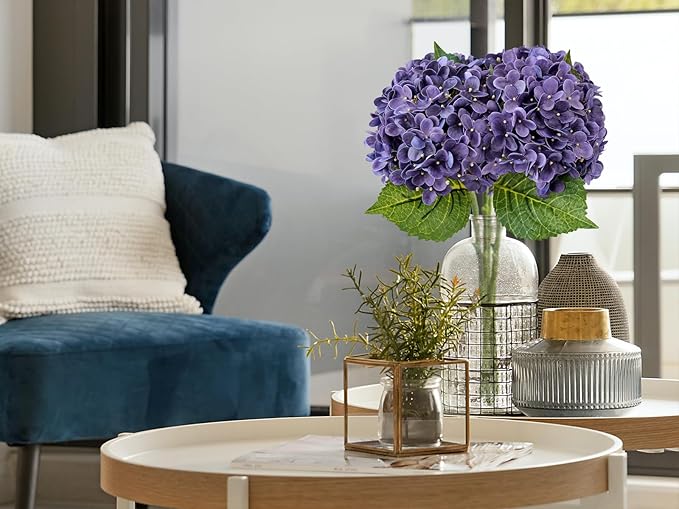 ZYTUYO 20 inches 4 Pcs Violet Purple Real Touch Hydrangea Artificial Flowers Boho Lifelike Real Looking Latex Hydrangeas Flower with Long Stem for Home Decor Spring Table Centrepiece