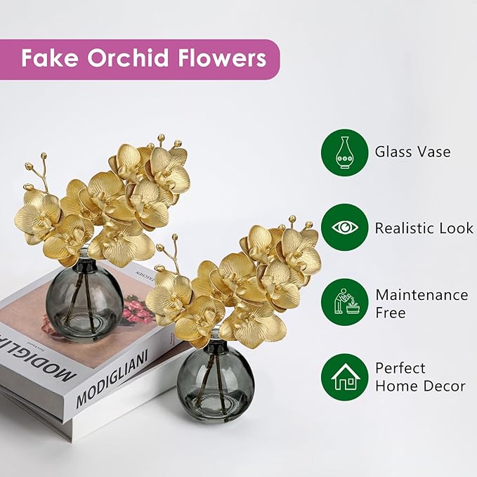 Oairse Gold Orchids Artificial Flowers Faux Orchid Arrangement with Black Glass Vase Set of 2 Real Touch Phalaenopsis Orchid Flowers Orchids Centerpiece for Dining Room Table