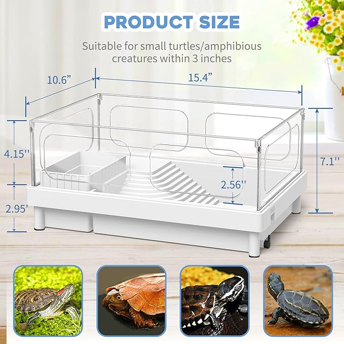 MoonOrange Small Turtle Tank with Filter, Turtle Aquarium, Acrylic Turtle Terrarium with Basking Platform, Bottom Drainage, Multi-Function Areas for Turtles, Crayfish, Small Reptiles.(Tank+Filter)