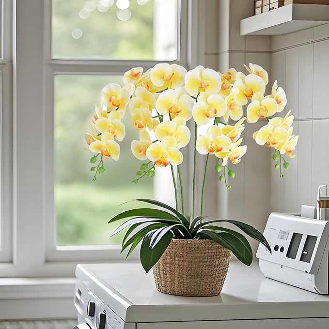 Htmeing 38 Inch Artificial Phalaenopsis Flowers Branches Real Touch (Not Silk) Orchids Flowers for Home Office Wedding Decoration,Pack of 2 (Light Yellow)