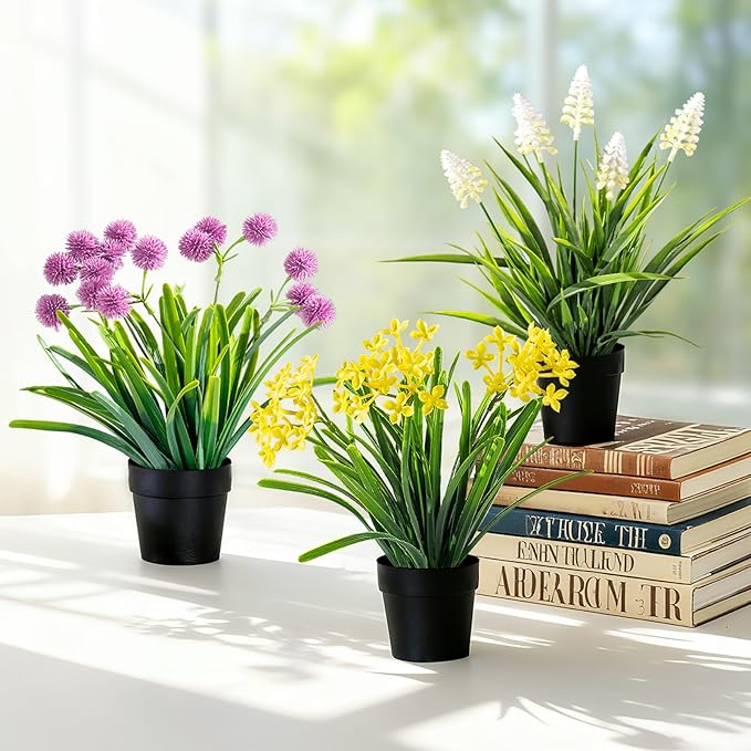 3 Pack Fake Small Plant Artificial Potted Flowers for Home Decor Fake Flower Plant Greenery Mini Faux Plant for Indoor Bedroom Living Room Office Shelf Bathroom Farmhouse Decor (Type 10)