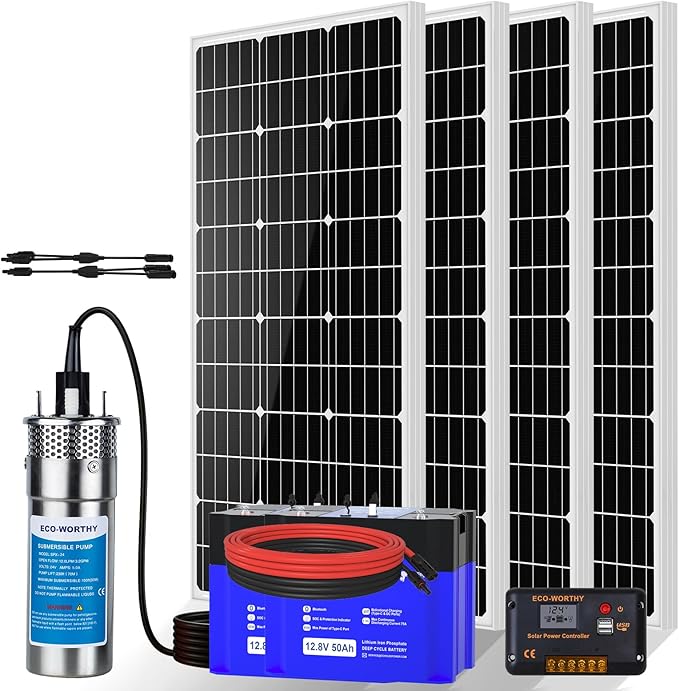 ECO-WORTHY 24V Solar Well Pump Kit - Submersible Stainless Steel Pump for Well, Pond, Farm, Home | 4x100W Mono Solar Panels, 50AH Lithium Battery & Controller | 3-Package Delivery
