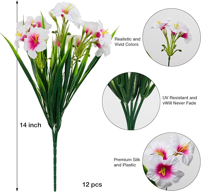 LikSoor Outdoors Artificial Flowers Spring Summer Decor Fake Petunias UV Resistant Flower Faux 12 Bundles Realistic Plastic Plant Porch Patio Window Box Garden Decoration (White)