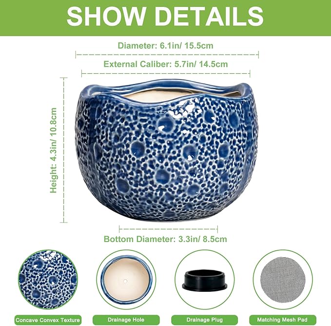 Orchid Pot - 6 Inch Ceramic Plant Pot for Indoor Outdoor, Round Unique Planters with Drainage Hole, Modern Round Decorative Flower Pots, Home Decor, Gifts for Plant Lovers, Blue