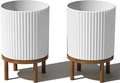 Veradek Demi Series Round Planter w/Stand for Porch/Patio | Durable Plastic-Stone Composite & Wooden Stand | Modern Décor for Tall Plants, Flowers