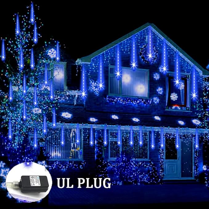 Weepong Christmas Lights Outdoor 32 Tubes 768 LEDs Meteor Shower Lights UL Certified Snow Falling Rain Drop Icicle String Light for Xmas Tree Halloween Decorations Wedding Party Garden Decor, Blue