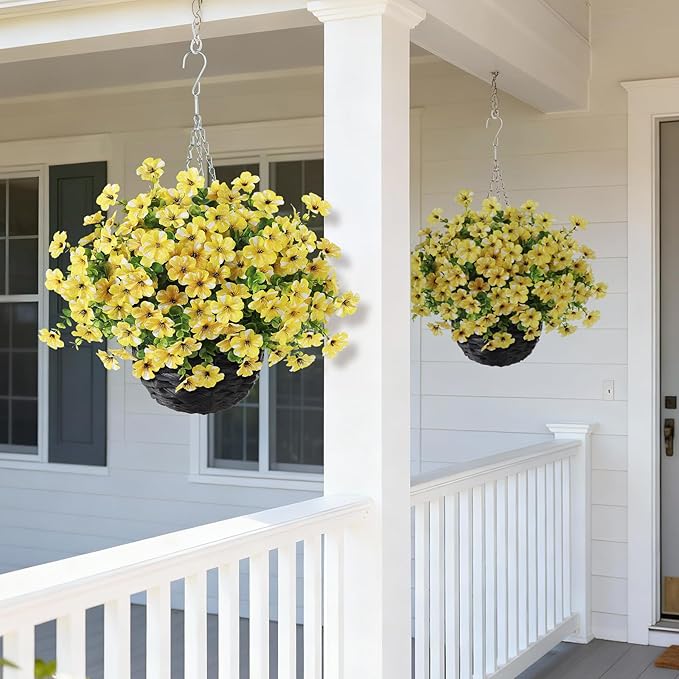 GLIDLION Artificial Flower & Eucalyptus with Hanging Basket - 2PCS Faux UV Sun Resistant Morning Glory in Planter, Fake Colorful Silk Flowers for Spring Summer Porch Patio Balcony Yard Decor (Yellow)