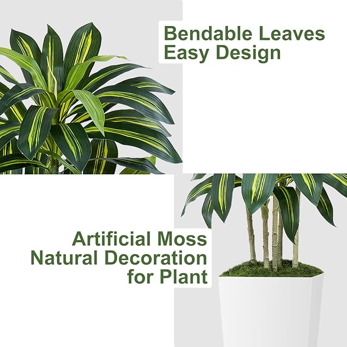 6FT Artificial Dracaena Tree - High-Density Foliage Fake Plant with White Tall Planter - Faux Yucca Floor Plant for Home Office Decor Indoor