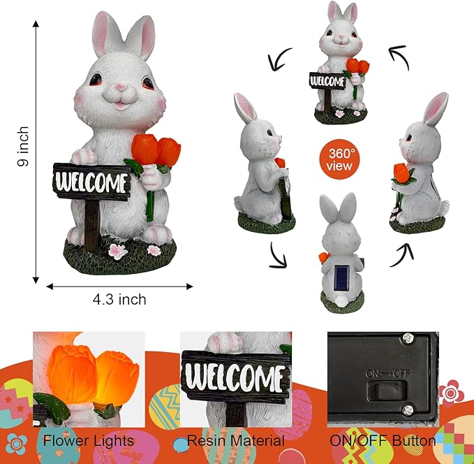 BeePeep Solar Easter Rabbit Garden Statue with LED Lights - Waterproof Resin Bunny Figurine Outdoor Decor for Yard, Patio & Lawn - Unique Hand-Painted Birthday, for Mom & Grandma (9 Inch)