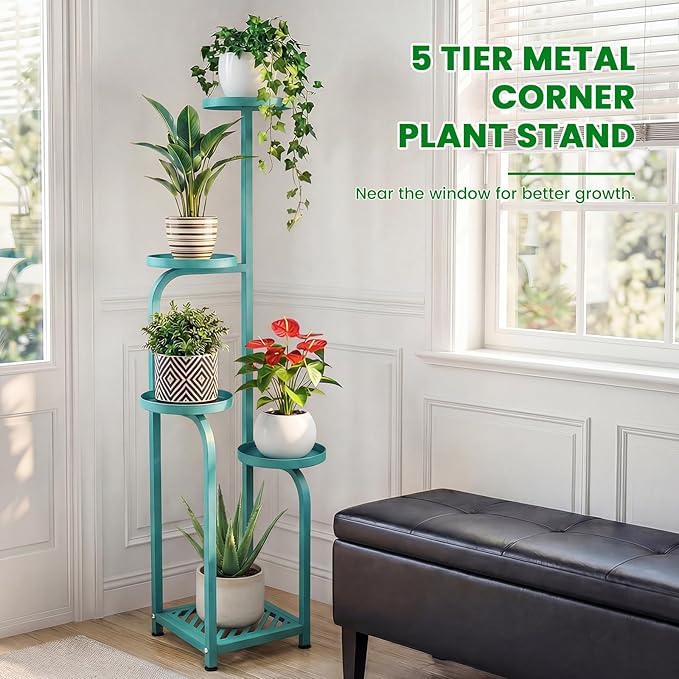 TOSKING 5 Tier Tall Plant Stand Indoor Outdoor,Anti-Tip Plant Stand indoor, Wide Base for Pots, Child and Pet Friendly,Heavy Duty Corner Shelf for Plants & Decor, Space Saving ,Tiered Metal Flower Pot Stand for Balcony, Garden, Living Room, Patio (Blue...