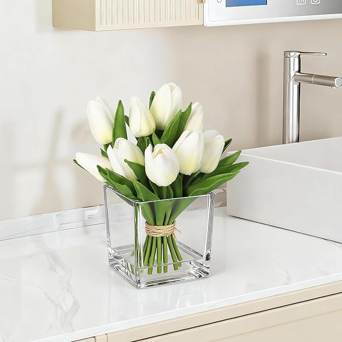 GarveeLife 12 Pcs Artificial Tulips Flowers, Real Touch Faux Tulip Stems for Vase, Home Kitchen Wedding Dining Table Decorations, Ideal Gift for Mother's Day, Easter, Valentine's Day (White)