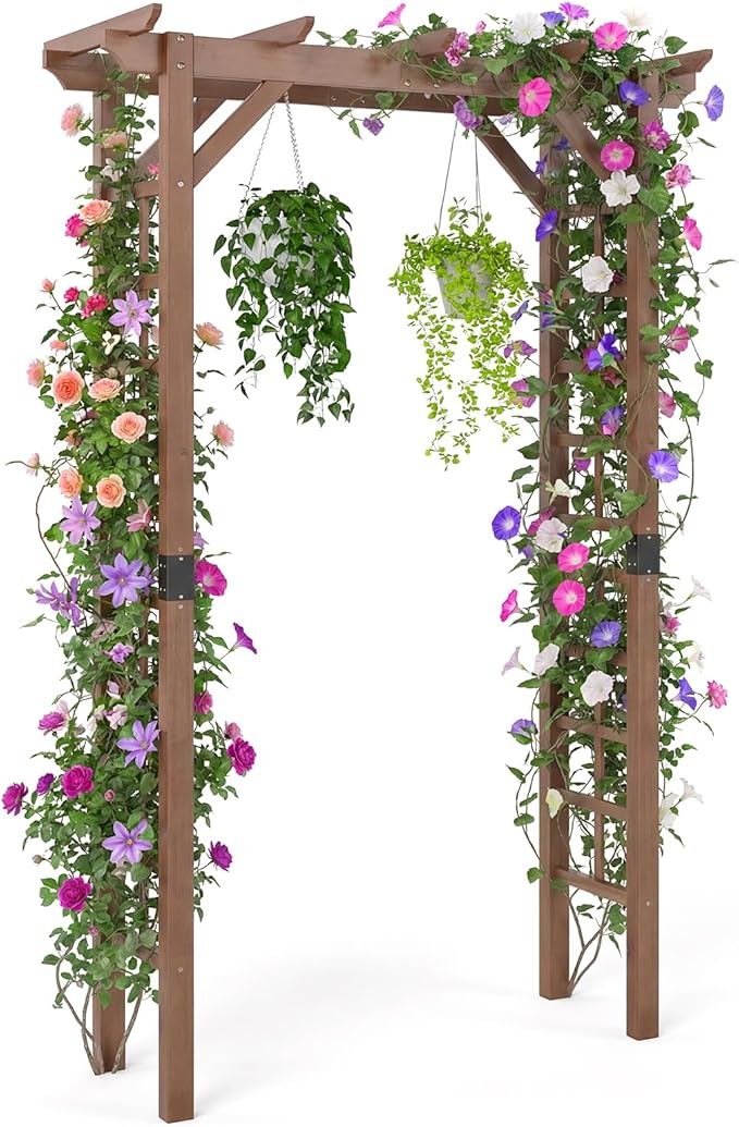 Giantex 7FT Wood Garden Arbor Trellis, Wooden Wedding Arch for Ceremony Party, Outdoor Archway Pergola for Climbing Plants, Pathway, Yard, Garden Decor, Easy Assembly (Dark Brown, 55''W x 85''H)